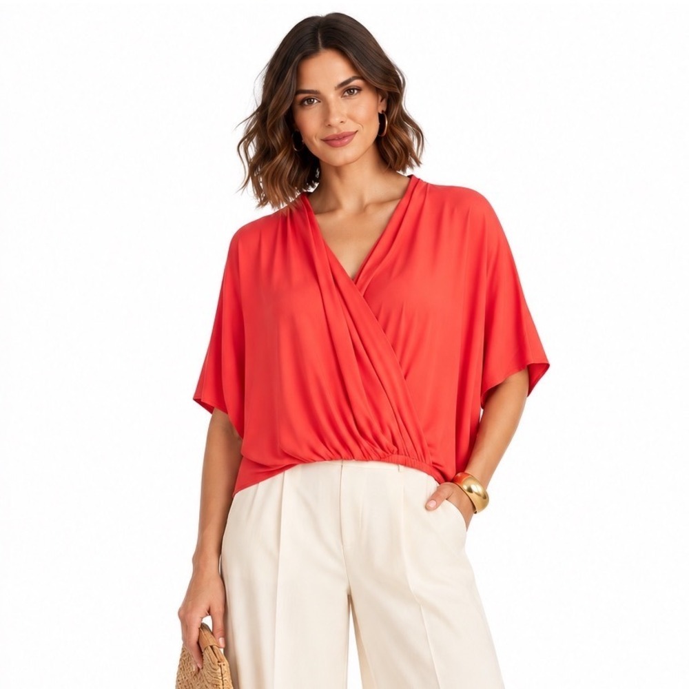 New Trina Turk Coral Red Wrap Front Dolman Sleeve Blouson Top 2308115MH1 M/L